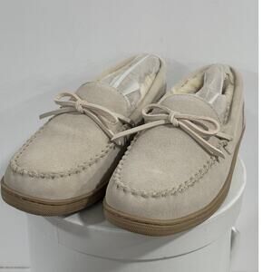 Moccasin Slippers Memory Foam Leather Cozy House Shoes Women Size 9 Beige Indoor